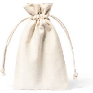 A lightweight, cream-coloured cotton drawstring bag with a gathered top. Contains beauty applicators inside.