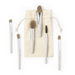 A set of six grey eyeshadow applicators with a canvas pouch, featuring various brush shapes and a spoolie.