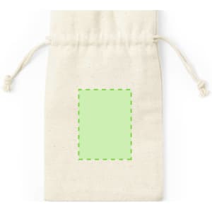 A natural canvas pouch with a drawstring closure, featuring a green outlined area on the front.