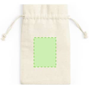 A natural fabric pouch with a drawstring closure, featuring a green outlined rectangle on the front.