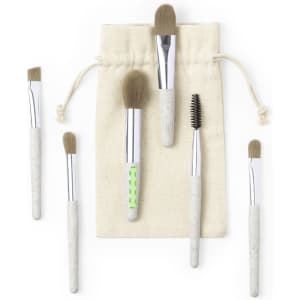 A set of six eyeshadow applicators with various brush types, featuring grey handles and a canvas storage pouch.