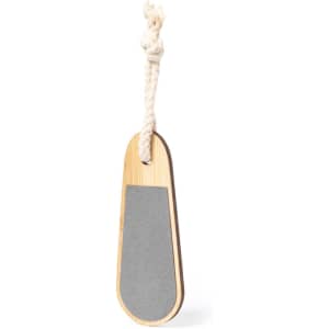 A bamboo nail file with a grey sanding surface and a looped rope for hanging.