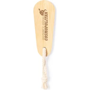A bamboo nail file with a rope handle, featuring a branded logo.