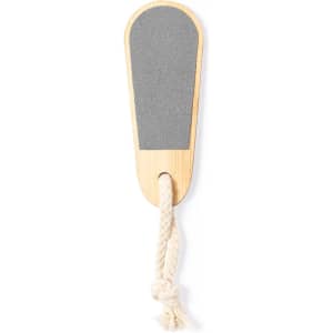 A wooden nail file with a grey sanding surface and a white rope handle. It features a simple, natural design.