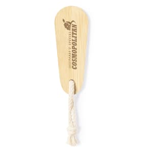 A wooden nail file with a natural finish, featuring a rope handle and branding on the surface.