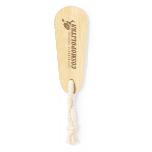 A wooden nail file with a rounded end, featuring a natural finish and a braided rope handle.