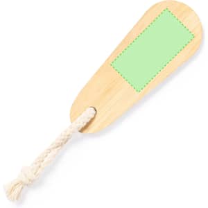 A bamboo nail file featuring a green area for branding and a rope attached at one end.