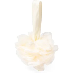 A Kika Sponge Bath in soft white, featuring a ruffled design and a hanging strap. Includes branding.