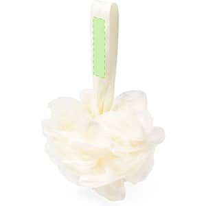 A soft, fluffy, cream-coloured sponge bath with a handle. The product includes a branding logo.
