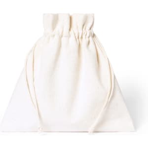 A white drawstring pouch made of fabric with a gathered top and two cord ties.