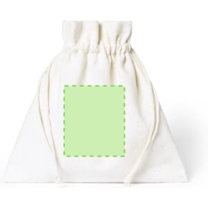 A white cotton drawstring bag with a square area for custom branding or design.
