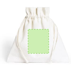 A drawstring bag in a natural fabric, featuring a blank light green square for customisation.