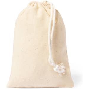A natural cotton drawstring bag in cream, featuring a textured finish and a tied closure at the top.