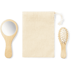 A wooden hand mirror and brush set in a natural canvas pouch. The brush features white bristles.