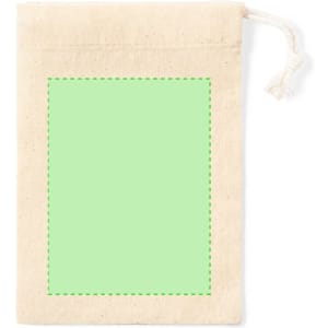 A natural fabric pouch in beige with a green decorative border and a drawstring closure, featuring a logo.