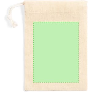 A natural fabric drawstring pouch in beige with a green accent area. The pouch has a textured surface.