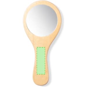 A wooden hand mirror with a circular reflective surface and a green accent on the handle.