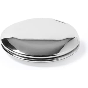 A shiny silver pocket mirror with a smooth, rounded exterior and a small opening.
