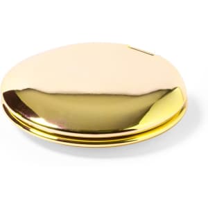 A gold pocket mirror with a shiny, reflective surface and a rounded shape. It features a branding logo.