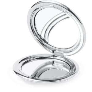 A silver pocket mirror with a sleek, round design that opens to reveal two reflective surfaces.