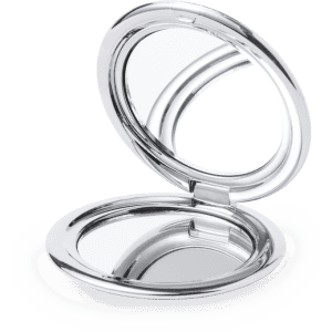 A silver pocket mirror with a hinged design, featuring two reflective surfaces inside.