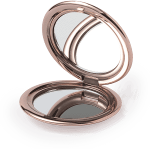 A rose gold pocket mirror with a polished finish, featuring two reflective surfaces inside an oval case.