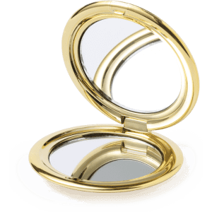 A gold, round pocket mirror with a shiny finish, featuring two mirrors inside when opened.