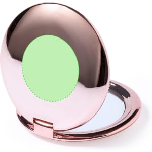 A rose gold pocket mirror with a smooth, reflective surface inside, featuring a shiny exterior.