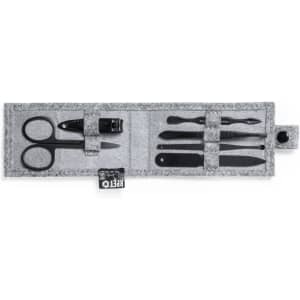 A grey manicure set featuring scissors, clippers, tweezers, and nail files, neatly organised in a felt pouch with a logo.