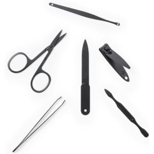A black manicure set with scissors, tweezers, a nail file, a clipper, and a cuticle pusher. It has a sleek design.