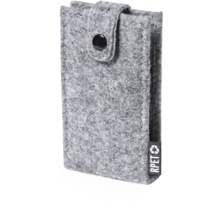A grey felt pouch with a button closure, featuring a small tag. Ideal for storing small personal items.