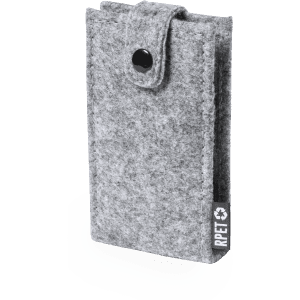 A grey felt pouch with a button closure and a logo tag. Suitable for storing small items.