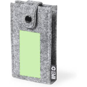 A grey felt pouch with a snap closure and a blank green label, featuring a logo on the side.