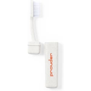 A toothbrush with a white handle and bristles, accompanied by a matching case, features a logo.
