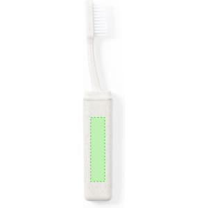 A green-handled toothbrush with a white bristle head, featuring a simple design and a branding logo.