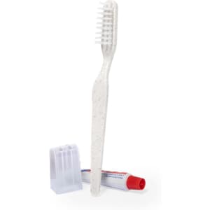 A dental kit set featuring a white toothbrush, white pencil sharpener, and red and white toothpaste tube.