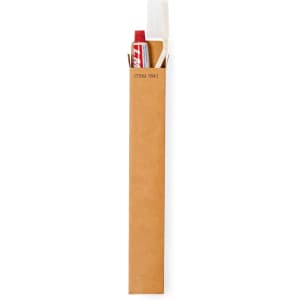 A dental kit set in a brown packaging, containing a toothbrush, toothpaste, and floss. Features a logo on the packaging.