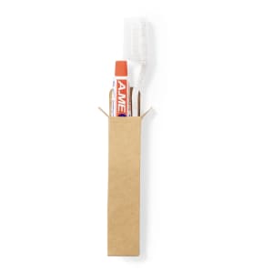 A dental kit set featuring a toothbrush, toothpaste, and a cardboard box, with a clean, minimal design.