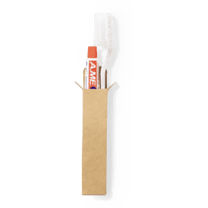 A dental kit set in a brown cardboard packaging containing a toothbrush and toothpaste.