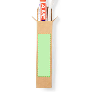 A brown cardboard box containing dental products, including a tube of toothpaste and a toothbrush.