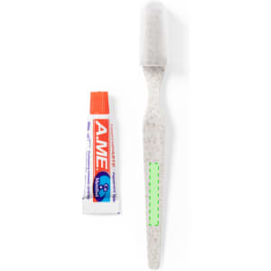 A dental kit set featuring a toothbrush and toothpaste, with a tube in white and red and a light-coloured toothbrush.