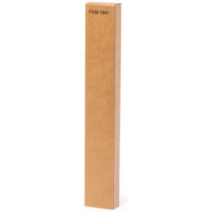 A tall, narrow brown cardboard box with a label on one side, featuring a logo. Suitable for packaging or storage.
