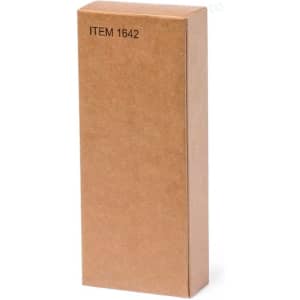 A rectangular brown cardboard box with a simple design and a label on the front.