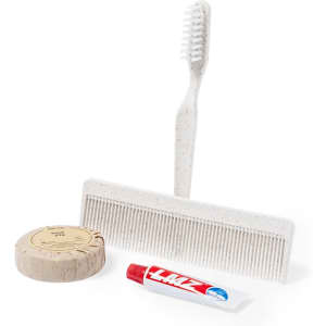 A toiletry kit featuring a toothbrush, comb, soap bar, and toothpaste, all in neutral colours.
