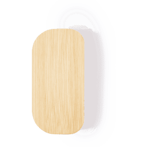 A bamboo pillbox with a smooth, rounded top and a natural finish. It includes a logo on the surface.