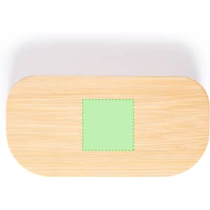 A bamboo pillbox with a smooth surface and a green section, featuring a branding logo.