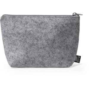 A grey toiletry bag with a zip closure and a branding label on the side.