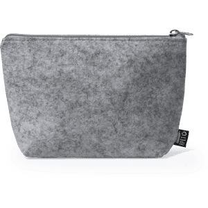A grey toiletry bag with a zipper, featuring a textured fabric and a small branding label.