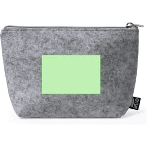 A grey felt toiletry bag with a zip closure and a blank rectangular patch on the front for custom branding.