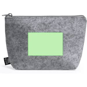 A grey toiletry bag with a zip closure and a rectangular area suitable for branding or customisation.